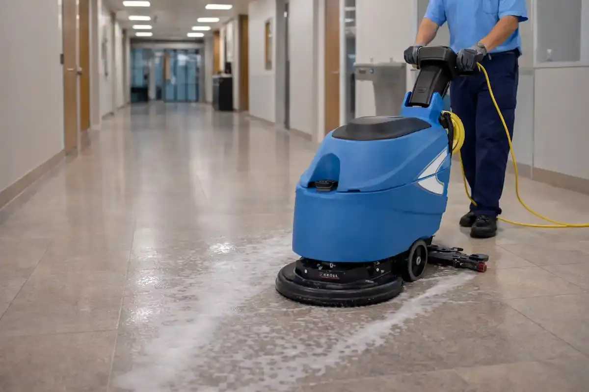 Commercial Hard Floor Scrubbing & Sanitization Services in South Jersey in action